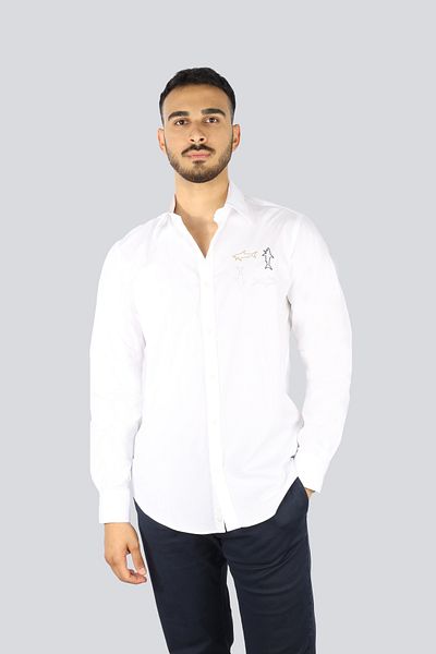 PAUL&SHARK Men's Regular Fit Chest Logo Patterned Long Sleeve White Shirt 25413519 -010