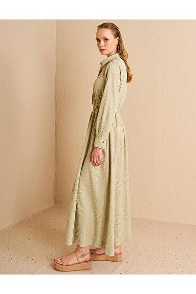 Kayra Gömlek Yaka Maksi Elbise Küf Yeşili