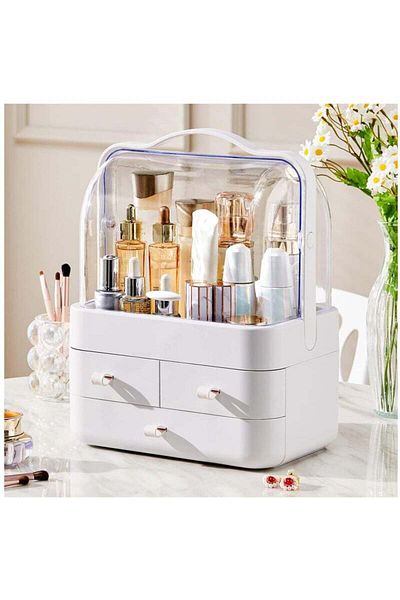 COOYA Makeup Storage Box, With Lid and Drawer, Waterproof and Dustproof, 10.43x7.16x13.66 Inches, White