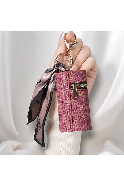 Fivy Vintage Lipstick Case with Scarf Detail Plaid Pattern Keychain, Wallet, Charm