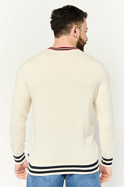 Nautica Men V Neck Embroidered Logo Sweater, Off White