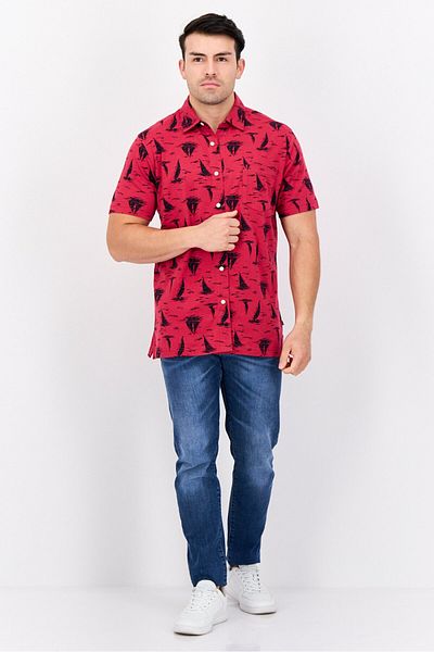 Nautica Men Regular Fit Allover Print Short Sleeve Casual Shirt, Red/black