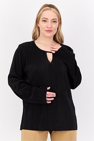 CYRUS Women Round Neck Long Sleeves Rib Top, Black