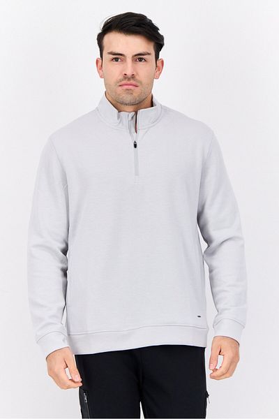 motion Men Half Zipper Brand Logo Long Sleeve Sweatshirt, Light Grey