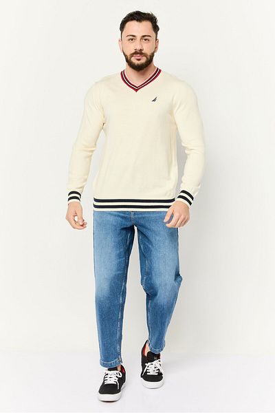Nautica Men V Neck Embroidered Logo Sweater, Off White