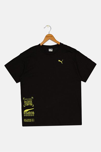 Puma تي شيرت رياضي للأولاد بأكمام قصيرة مناسب للأنشطة الخارجية، أسود/أخضر ليموني
