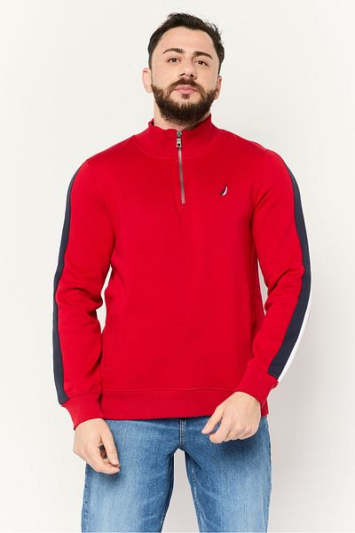 Nautica Men Mock Neck Embroidered Logo Long Sleeve Sweatshirt, Red/navy