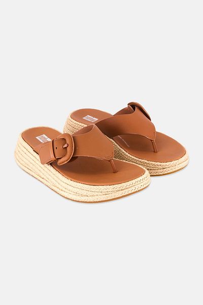 Fitflop Women F-Mode Espadrille Adjustable Leather Flatform Toe-Thongs Sandal, Tan