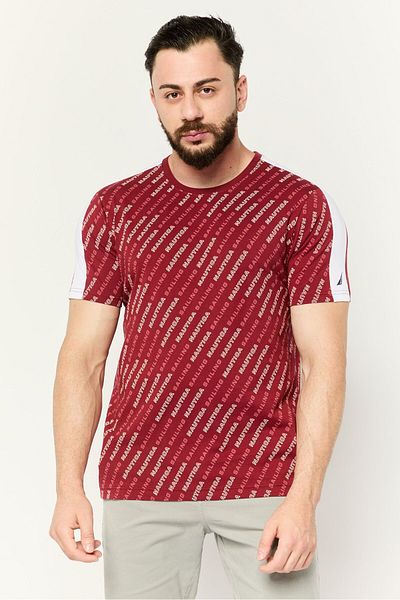 Nautica Men Round Neck Short Sleeves Allover Print T-Shirts, Maroon/White