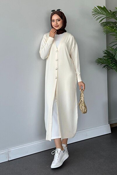 Hazamoda Εκρού μακριά κρύα ζακέτα με κορδόνια