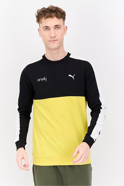 Puma Men Slim Fit Long Sleeves Outdoor Sweatshirt, Black/yellow/white