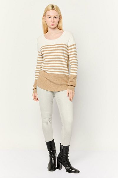 Madison + Hudson Women Round Neck Stripe Sweater, White/beige