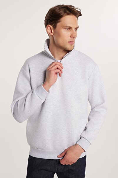 Tudors Unisex Relax Fit Relaxed Cut Cotton Fleece Inside Half Zipper Gray Stand Collar Sweatshirt