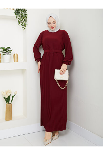 ECK MODA Kadın Pliseli Kemerli Sandy Kumaş Full Likralı Esnek Elbise