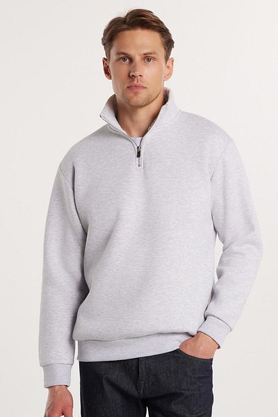 Tudors Φούτερ Unisex Relax Fit Relaxed Cut Cotton Fleece με μισό φερμουάρ γκρι όρθιο γιακά