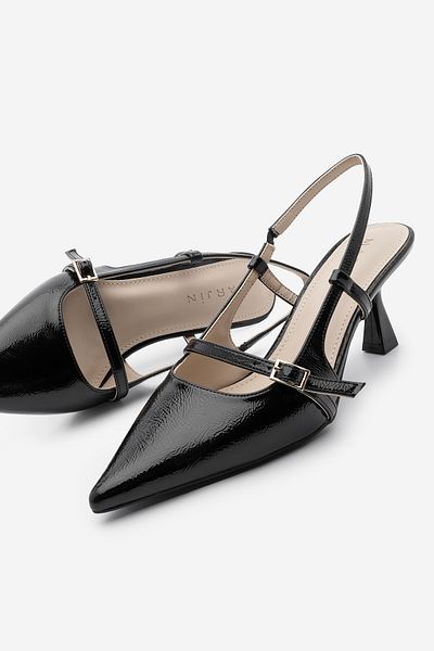 Marjin Schwarzes Lackleder Fenka – Stiletto-Schuhe für Damen, spitze Zehenpartie und Gürteldetails, offener Rücken