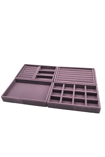 MeGass Dekor Domestic Production Suede Fabric Lilac Color 4-Piece Set Jewelry Stand Inside Drawer