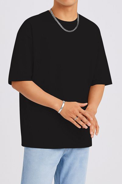THE RULE Unisex Oversize 100% Cotton Wide Cut Soft Textured Basic Crew Neck Black T-Shirt Rf0506