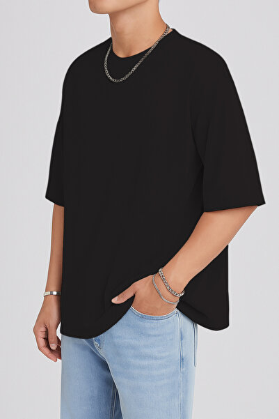 THE RULE Unisex Oversize 100% βαμβακερό φαρδύ κομμένο μαλακό με υφή Basic Crew λαιμόκοψη μαύρο T-shirt Rf0506