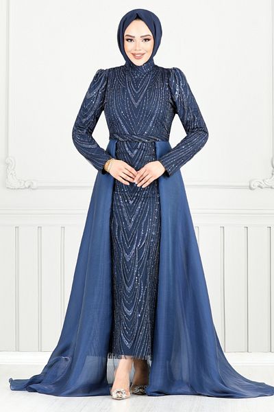 ModaMerve Λεπτομέρεια Cape Glitter Βραδινό Φόρεμα 4024YGS898-M Navy