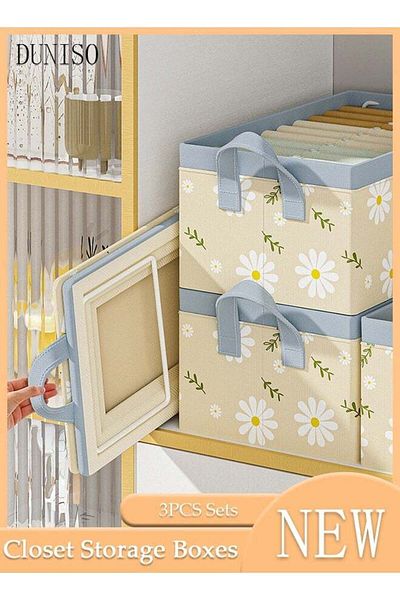 Generic DUNISO 3 Pcs Fabric Storage Boxes Large Capacity Foldable Storage Baskets for Home Fabric Storage Bi