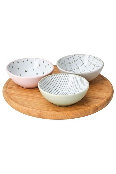 IKEA Trådticka Tray With 3 Bowls – Bamboo & Multicolour Serving Set, For Snacks Or Shared Dishes
