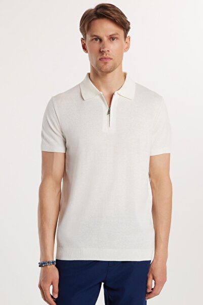 Tudors Ανδρικό Slim Fit Στενό Κόψιμο Μάλλινο Πλεκτό Ζακέτα Με Φερμουάρ Λευκό Πόλο ΓιαΚυρίως T-Shirt