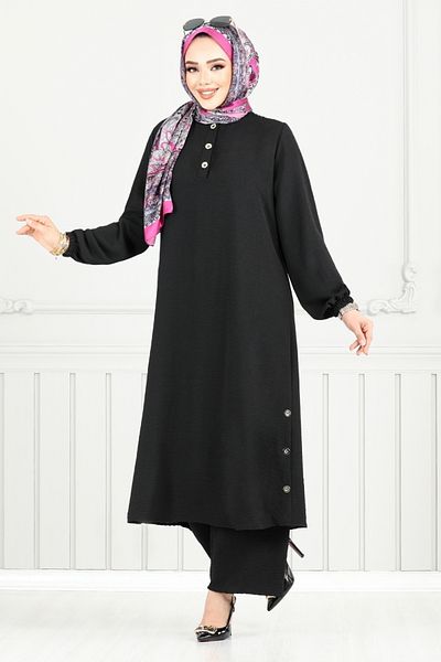 ModaMerve بدلة حجاب نصف زر 015MR1077-M أسود