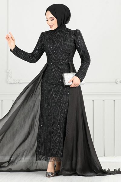 ModaMerve Λεπτομέρεια Cape Glitter Βραδινό Φόρεμα 4024YGS898-M Μαύρο