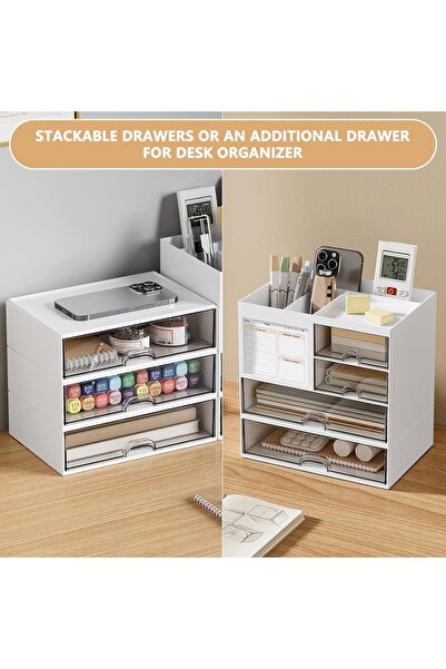 COOYA Desk Organizer with 4 Drawer,Clear Plastic MultiFunctional,with 10 Note Cards,for Office Home,White