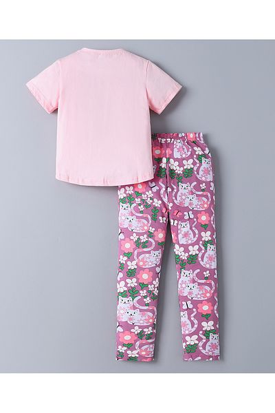 SAPS SAPS 100% Cotton Cats & Floral Graphic Short Sleeves T-Shirt & All Over Printed Pants Set - Pink
