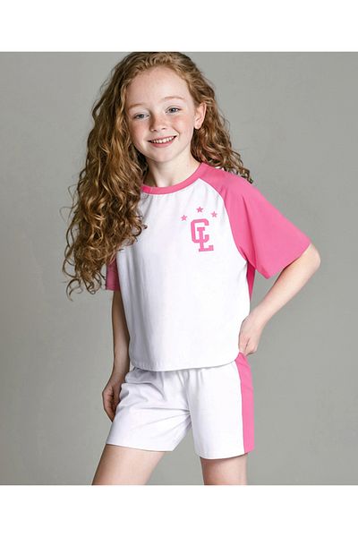 Primo Gino Primo Gino Cotton Knit Oversized Drop Shoulder T-Shirt & Short Set CL Text Co-ords Set- Pink & White