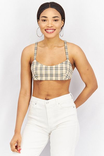 collusion Women Non Padded Unlined Check Bralette Top, Yellow Combo