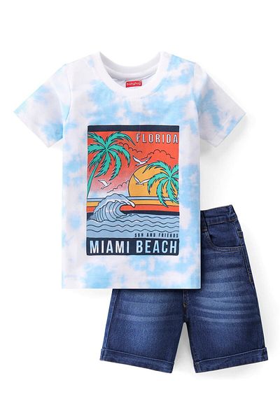 Babyhug Babyhug T-Shirt & Denim Shorts Set with Beach Print - Blue