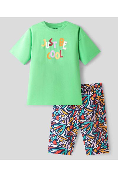 Primo Gino Primo Gino Cotton Elastane Knit Half Sleeve Oversized T-Shirt & Cycling Shorts Set Text Print-Green