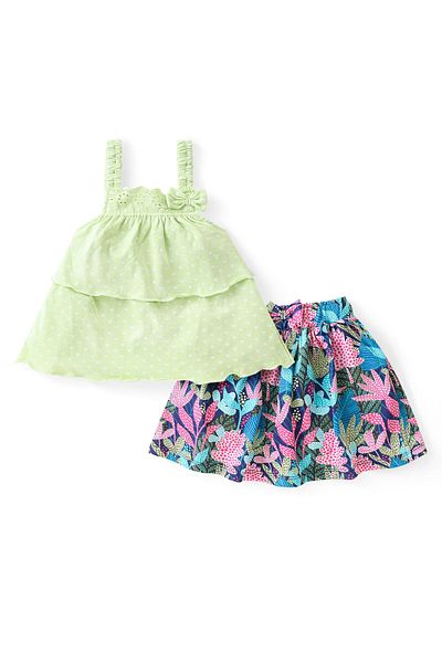Babyhug Babyhug Single Jersey Knit Sleeveless Top & Skirt Set with Leaf Print - Multicolour