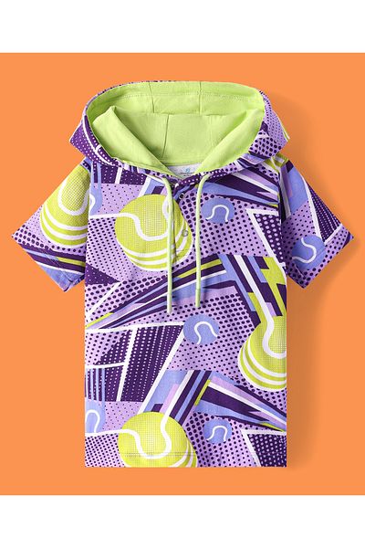 Ollington St. Ollington St. Cotton Knit Half Sleeves Printed Hoodie & Joggers - Light Green & Purple