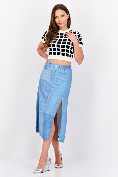 Esprit Women Washed Denim Midi Skirts, Light Blue