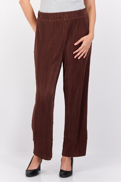 CYRUS Women Regular Fit Mini Pleated Straight Leg Pants, Brown