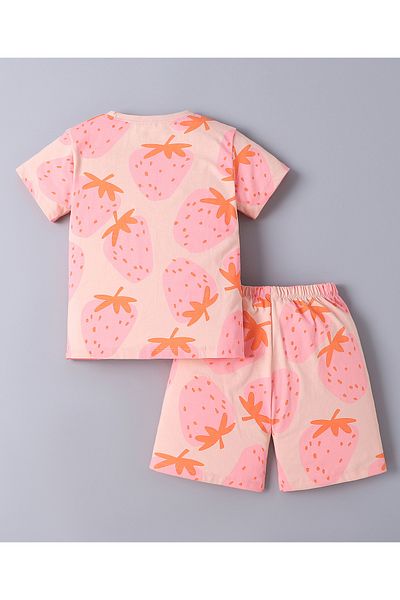 SAPS SAPS 100% Cotton All Over Strawberry Printed Short Sleeves T-Shirt & Shorts Co-ord Set - Peach