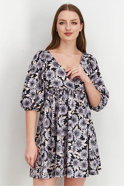 Asos Design Women Petite Floral Print Puffed Sleeves Mini Dress, Black