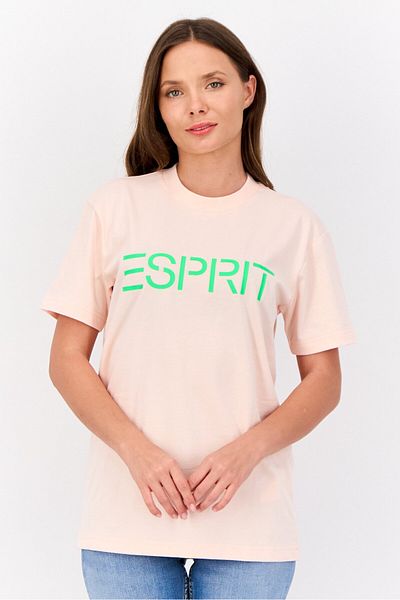 Esprit Women Crew Neck Short Sleeves Brand Logo T-shirt, Peach