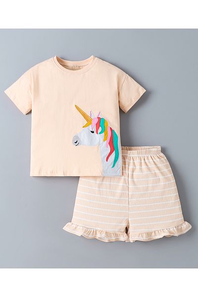 SAPS SAPS 100% Cotton Unicorn Patch Short Sleeves T-Shirt & Striped Frilled Shorts Set - Beige