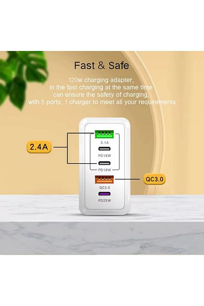 Choice Uk White Total 120w Usb Charger 5 Ports Type C Fast Charging Mobile Phone Wall Adapter Plug