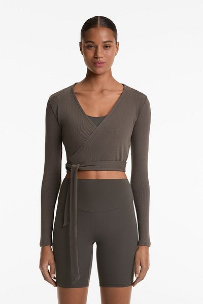 Oysho Heavy rib cotton blend wrap top with tie
