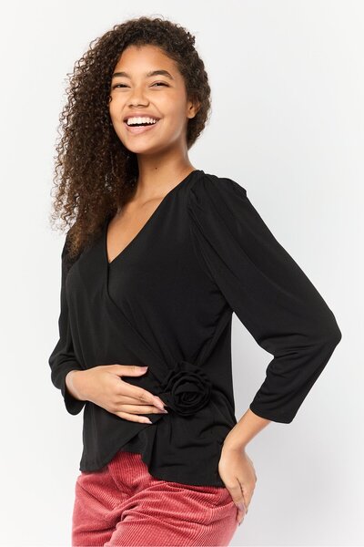 Adrienne Vittadini Women V Neck Plain Top, Black