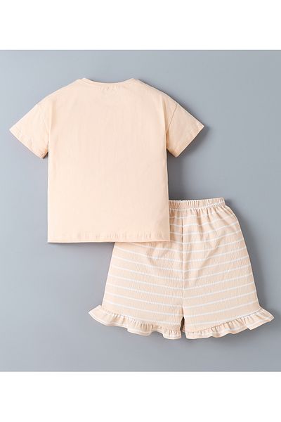 SAPS SAPS 100% Cotton Unicorn Patch Short Sleeves T-Shirt & Striped Frilled Shorts Set - Beige