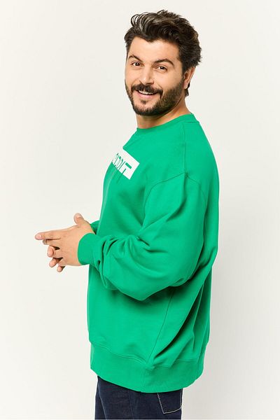 Esprit Men Ribbed Collar Brand Logo Long Sleeves Sweatshirt, Green