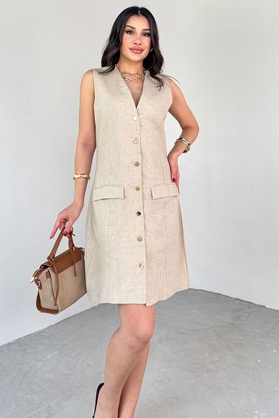 Cappmoda ELB-01768 Φόρεμα πουκάμισο με χρυσό κουμπί σε χρυσό χρώμα