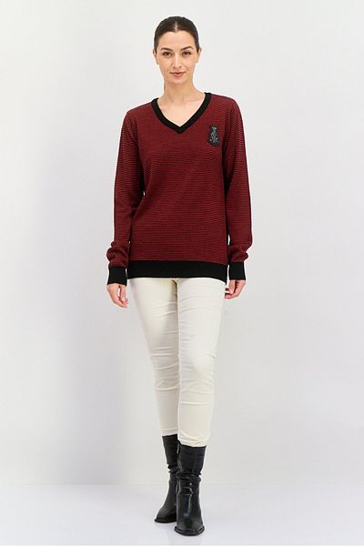 Christian Audigier Women V-neck Stripe Long Sleeves Sweater, Red